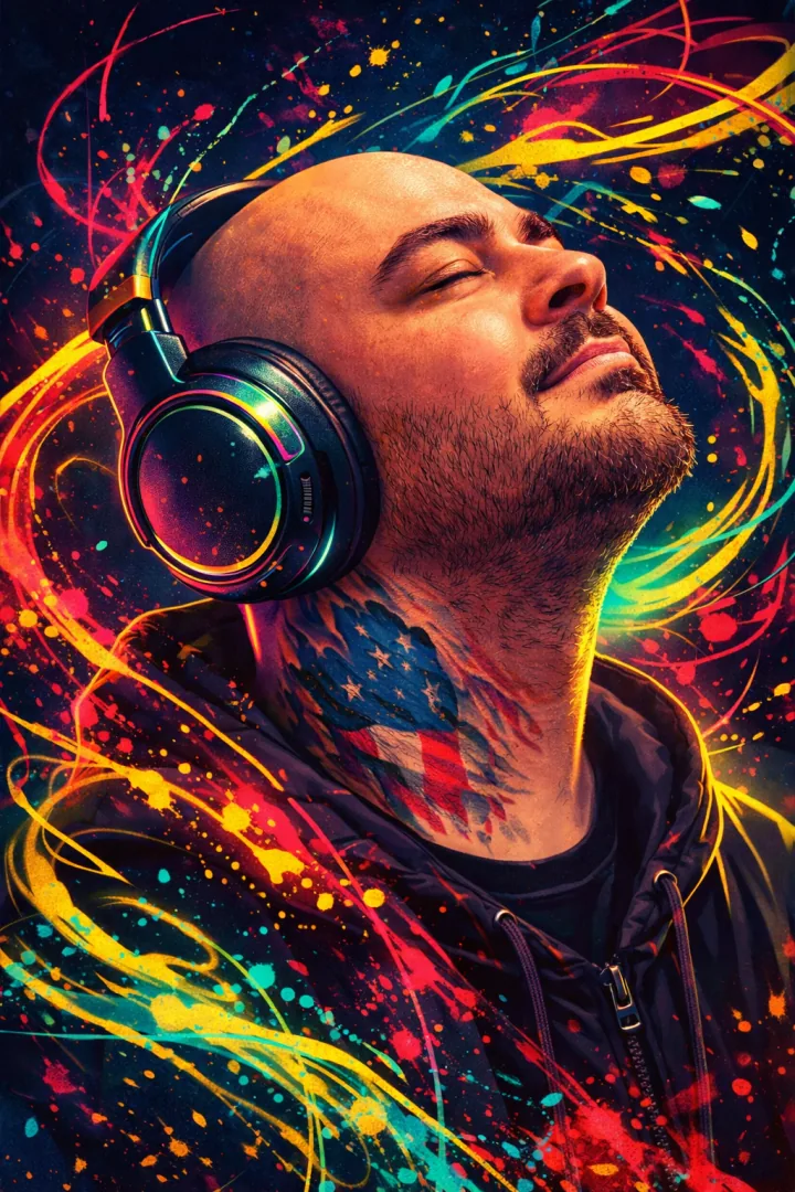 Music portrait surrounded by painted sound trails