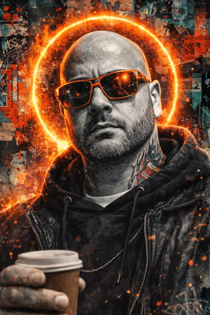 Monochrome street portrait with an orange halo