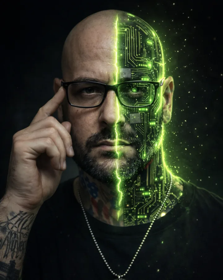 Human and machine split portrait