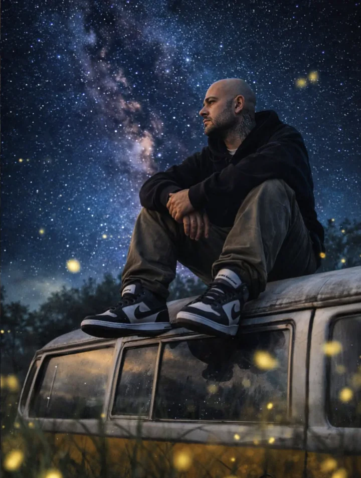 Night-sky portrait above a vintage van
