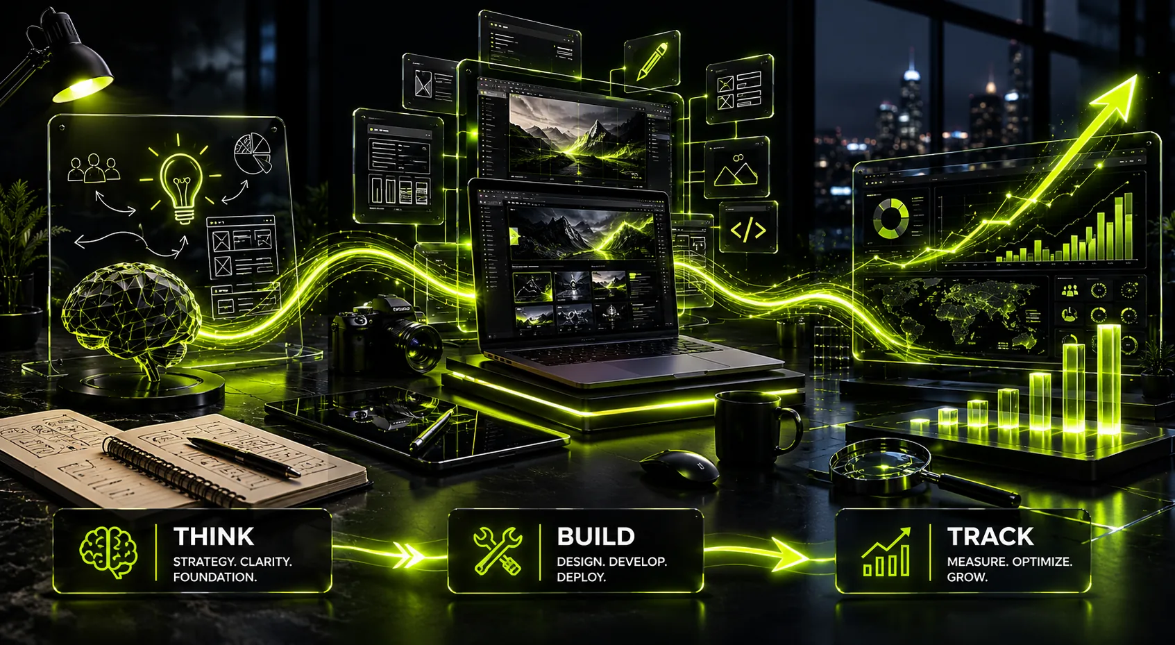 Scalable growth system workflow connecting website infrastructure marketing automation analytics and business growth